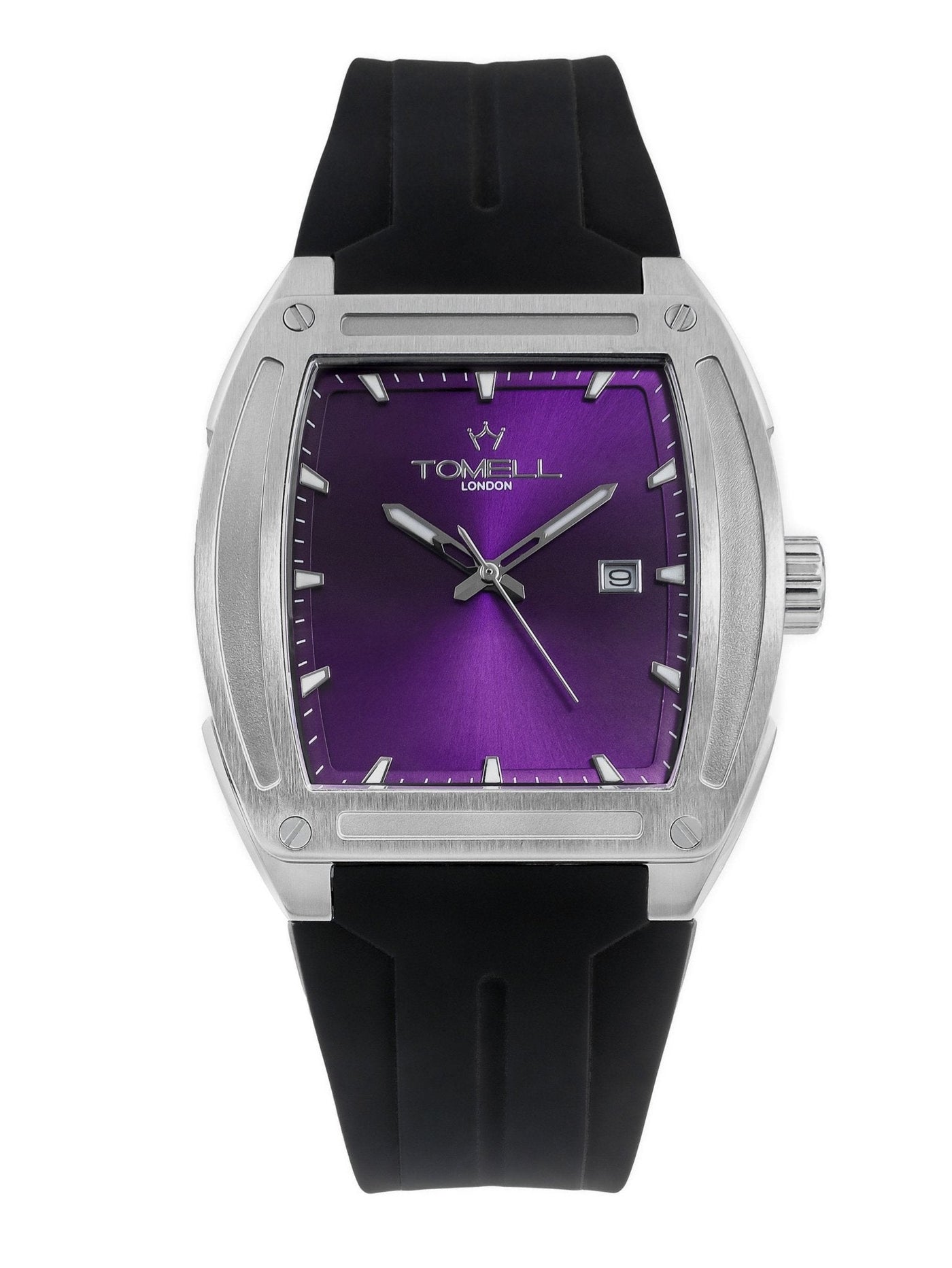 silver watch purple dial