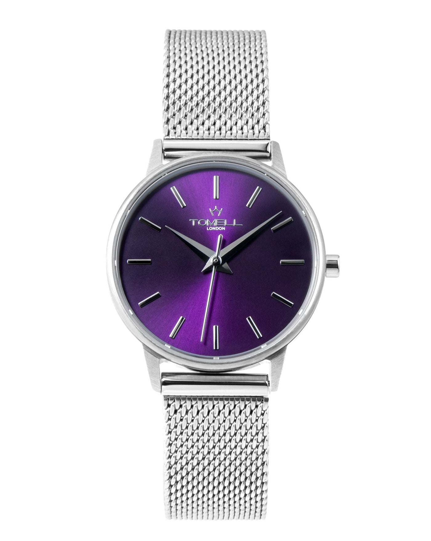 silver watch with purple dial